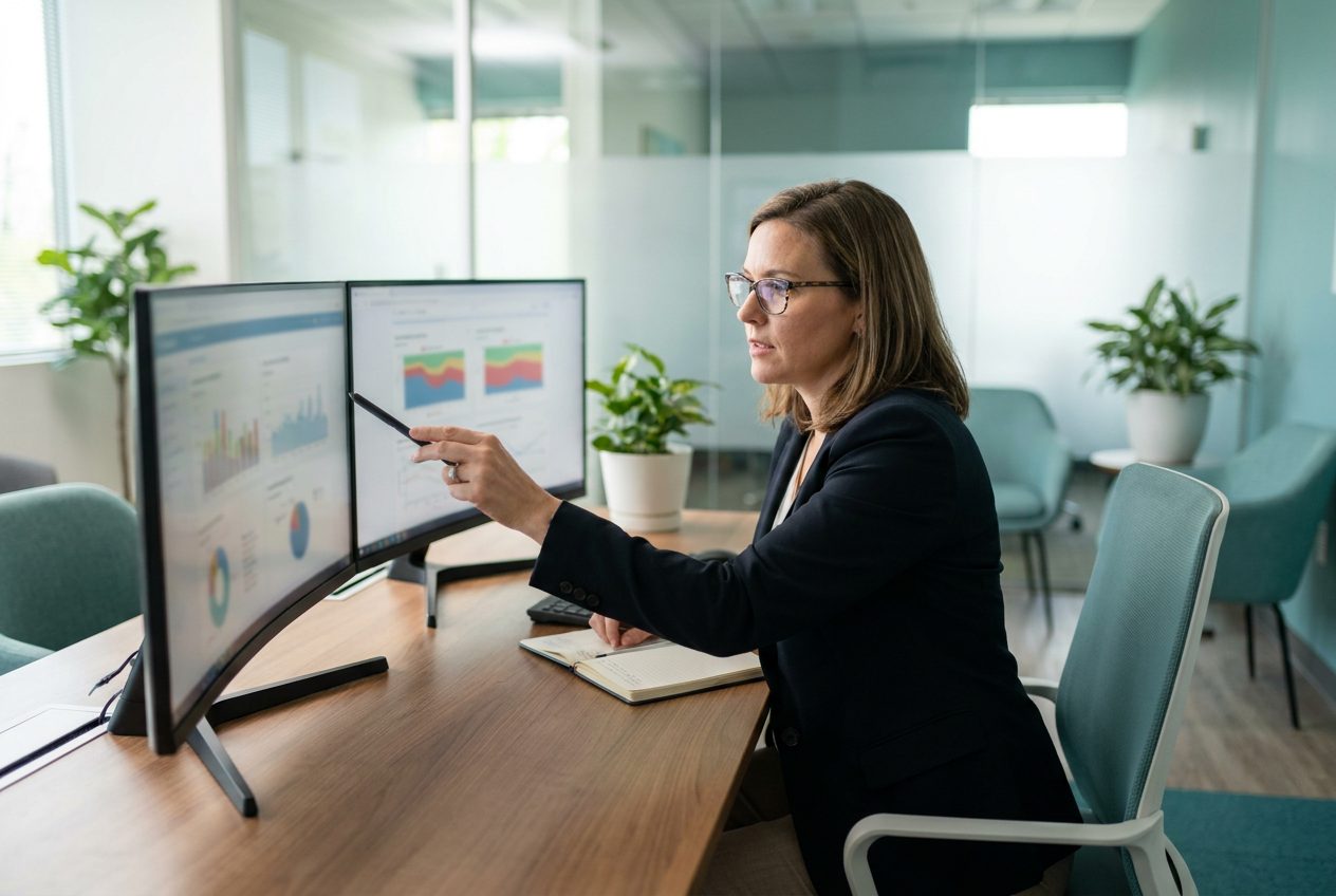 Billing manager reviewing laboratory revenue and denial rate dashboards across two monitors