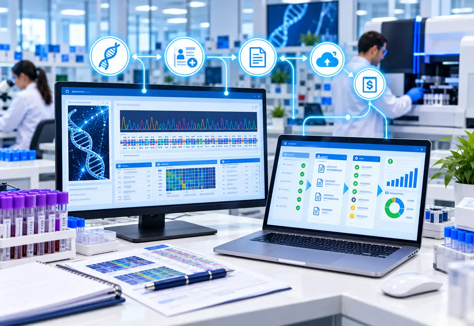 Genetic lab system connected to billing dashboards