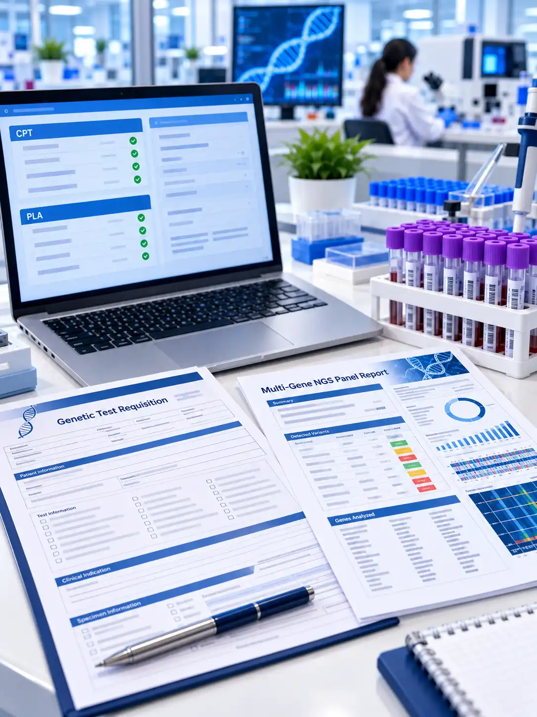 Genetic test requisition and NGS panel report beside CPT and PLA code validation