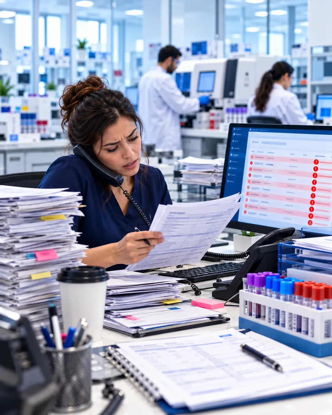 Overloaded in-house billing staff member handling rejected claims
