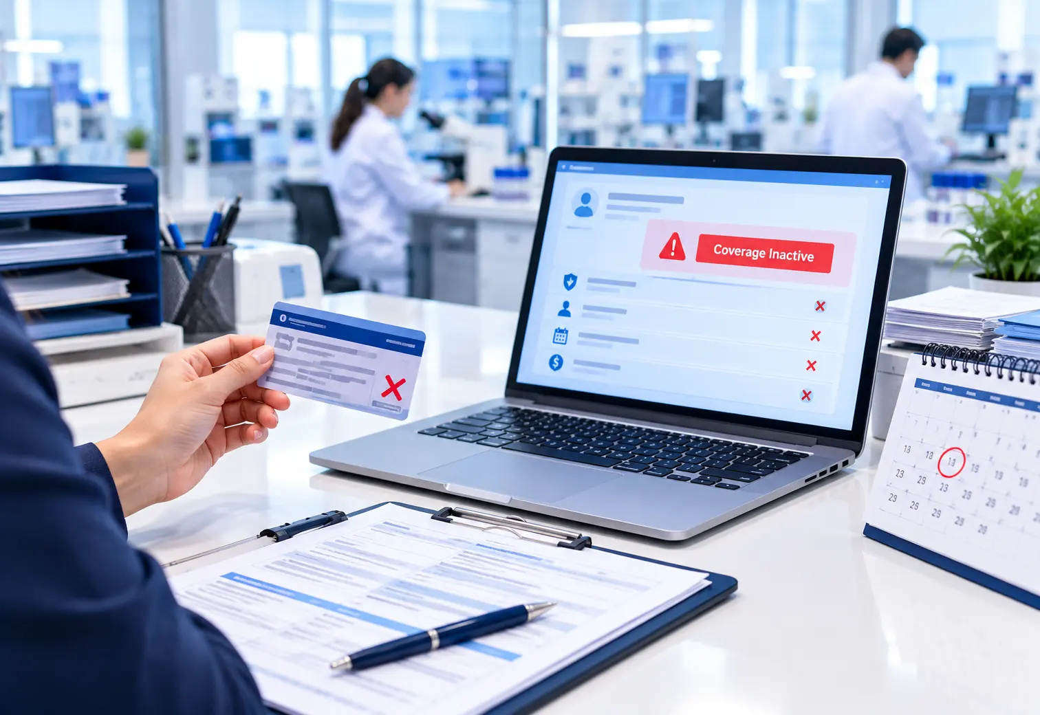 Eligibility check showing inactive coverage beside an outdated insurance card