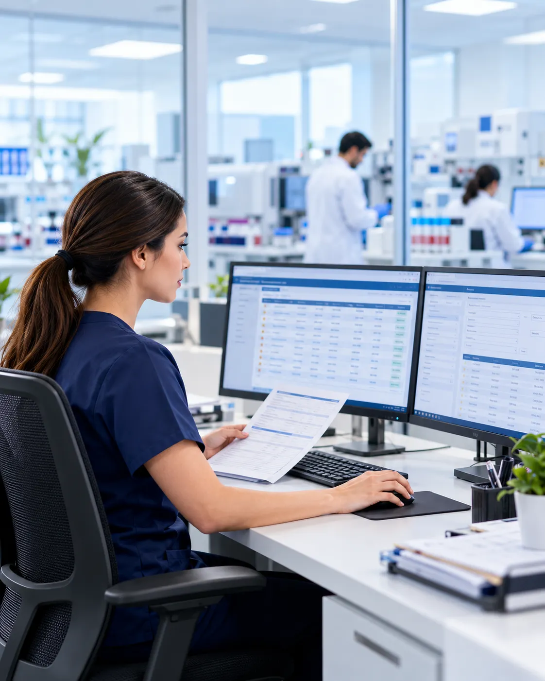 Billing specialist reviewing laboratory claims on dual monitors