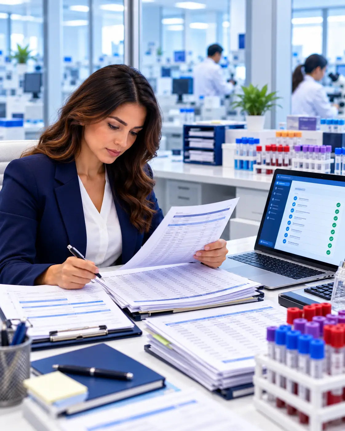 Coding specialist reviewing lab test requisitions and code sheets