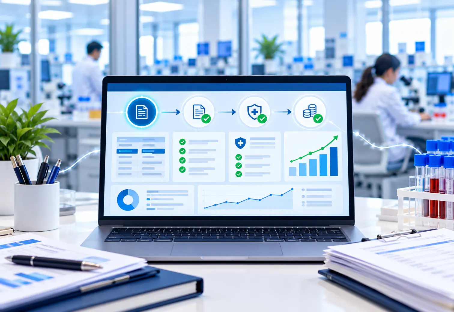 Laptop showing a revenue cycle flow dashboard starting with coding