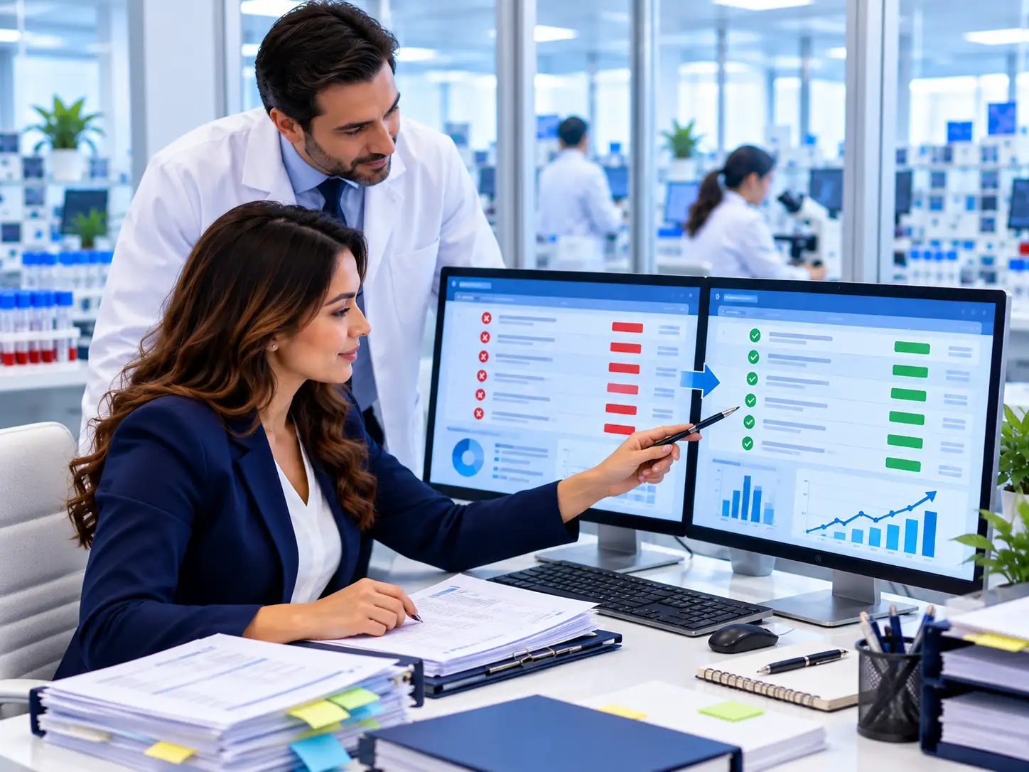 Denial specialist and lab director reviewing denied claims turning into paid claims