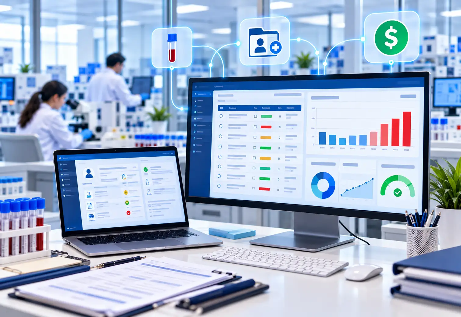 Integrated LIS, EHR and RCM dashboards on a lab workstation