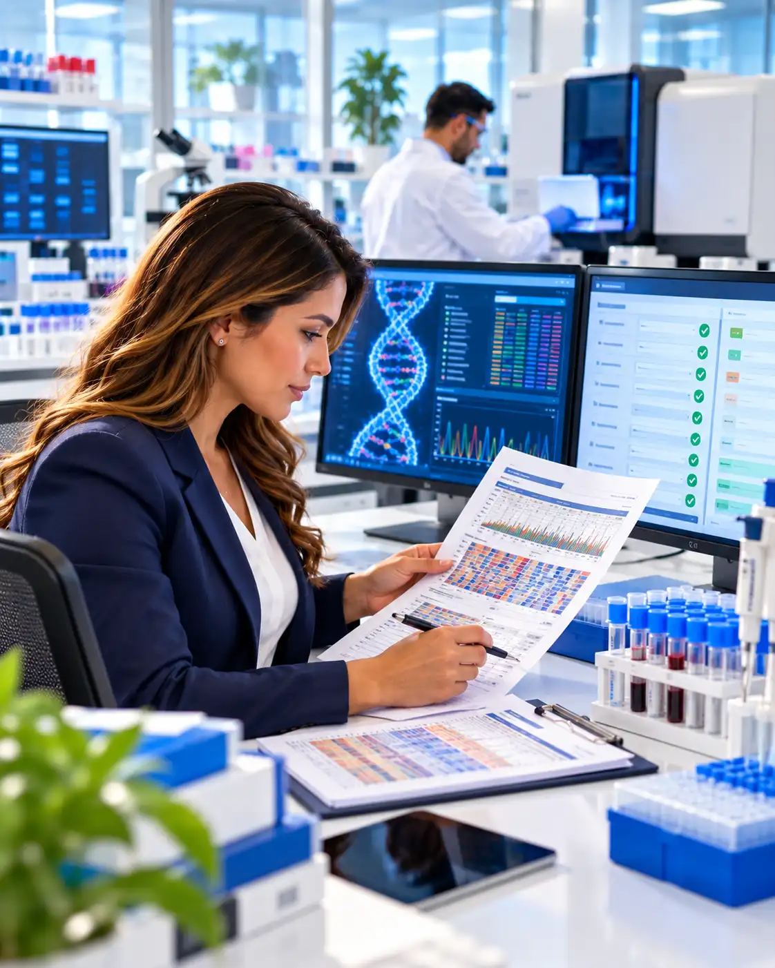 Coding specialist reviewing a genomic test report beside molecular sequencing data