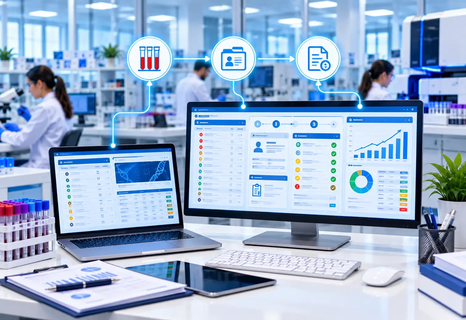 LIS, EHR and billing dashboards connected on a lab workstation