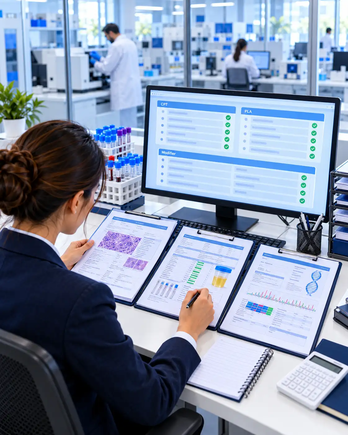 Billing specialist reviewing pathology, toxicology and molecular requisitions against CPT, PLA and modifier codes