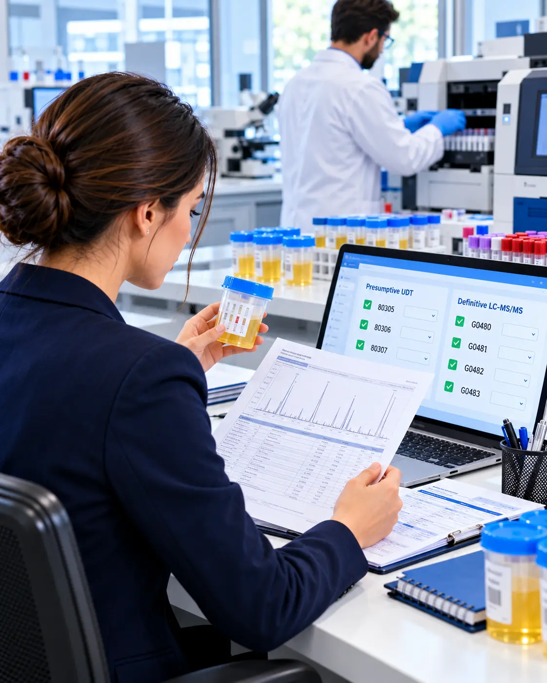 Specialist reviewing a urine specimen and LC-MS/MS report against presumptive and definitive UDT codes