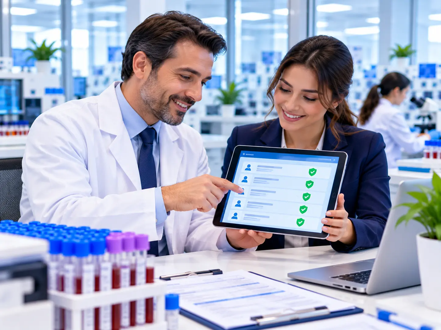 Lab director and verification specialist reviewing verified patients on a tablet