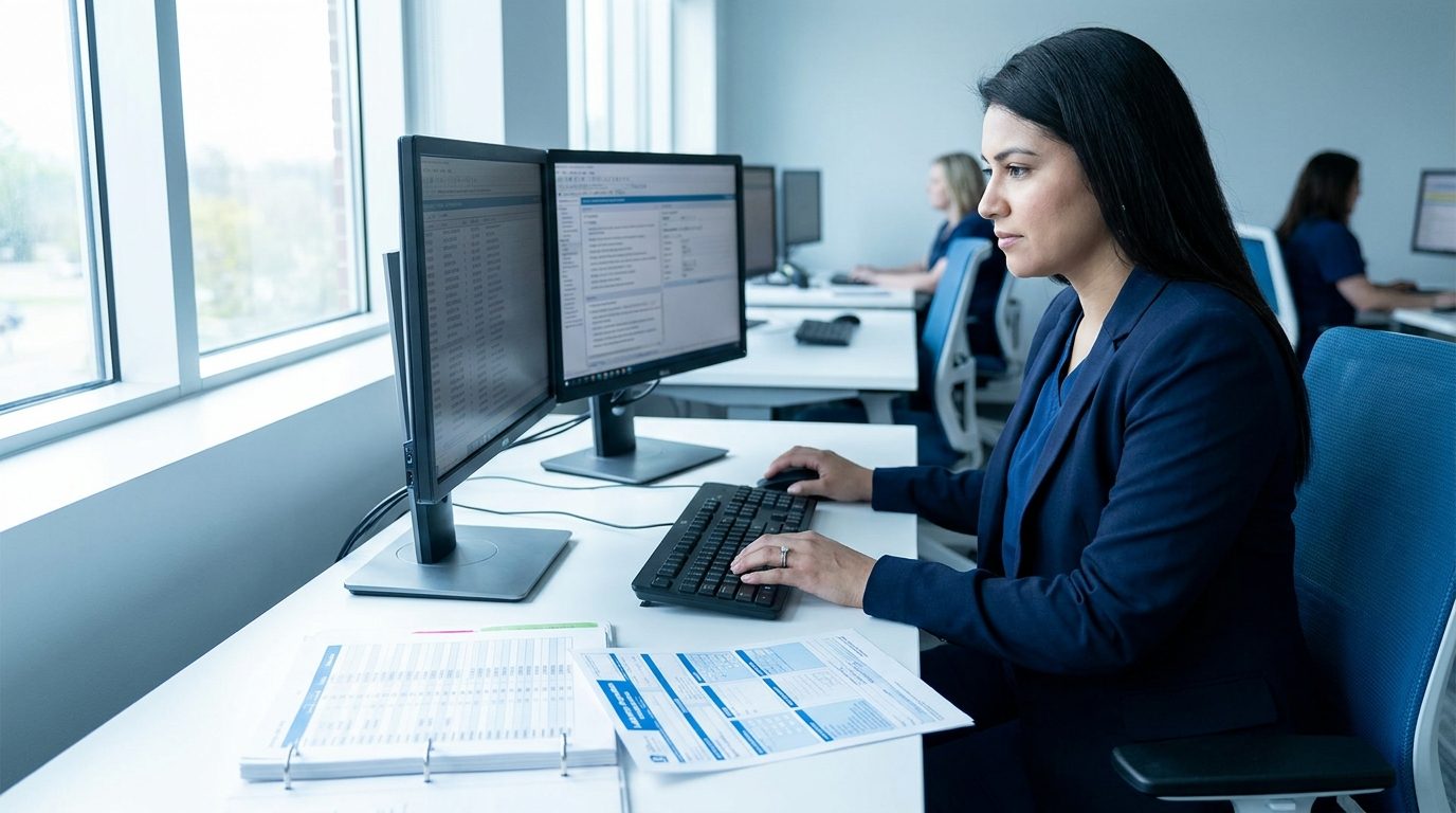 Medical coder reviewing laboratory claim forms at a dual monitor workstation with printed requisitions on the desk
