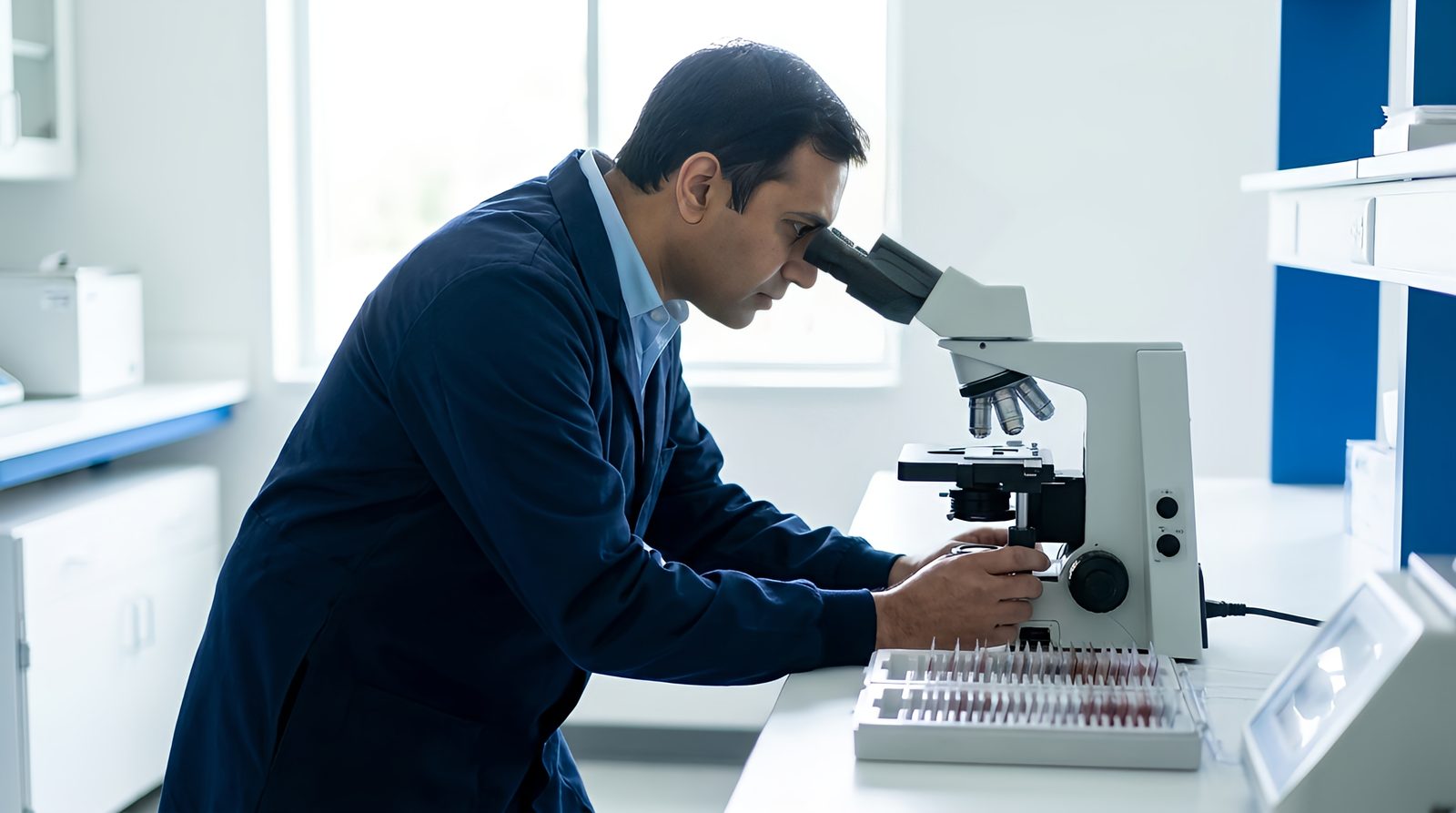 Pathologist in a navy lab coat examining a slide under a microscope beside a tray of prepared specimen slides