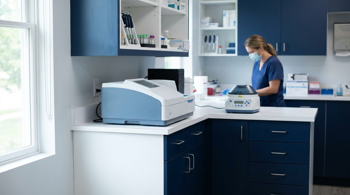Benchtop analyser and centrifuge in a compact in house laboratory with a technician in scrubs working behind